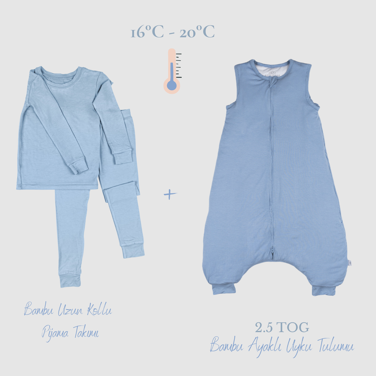 Uzun Kollu Pijama + 2.5 TOG Ayaklı Uyku Tulumu Seti Dusty Blue