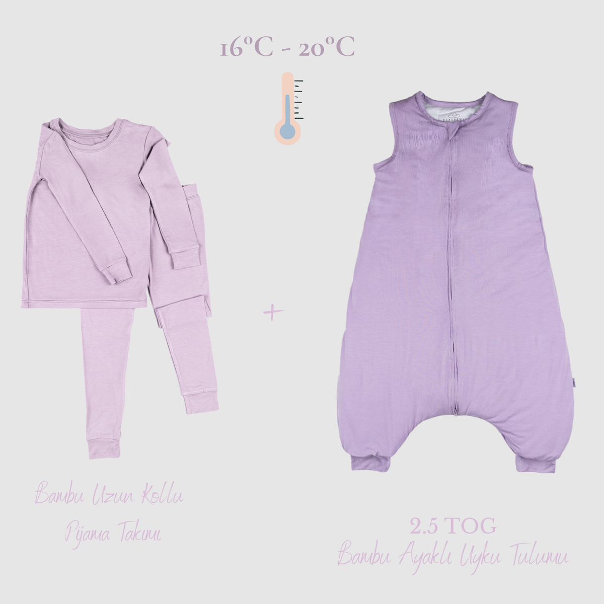 Uzun Kollu Pijama + 2.5 TOG Ayaklı Uyku Tulumu Seti Lavender Haze
