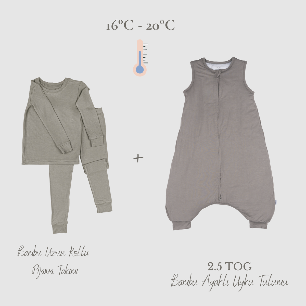 Uzun Kollu Pijama + 2.5 TOG Ayaklı Uyku Tulumu Seti Stone Shadow
